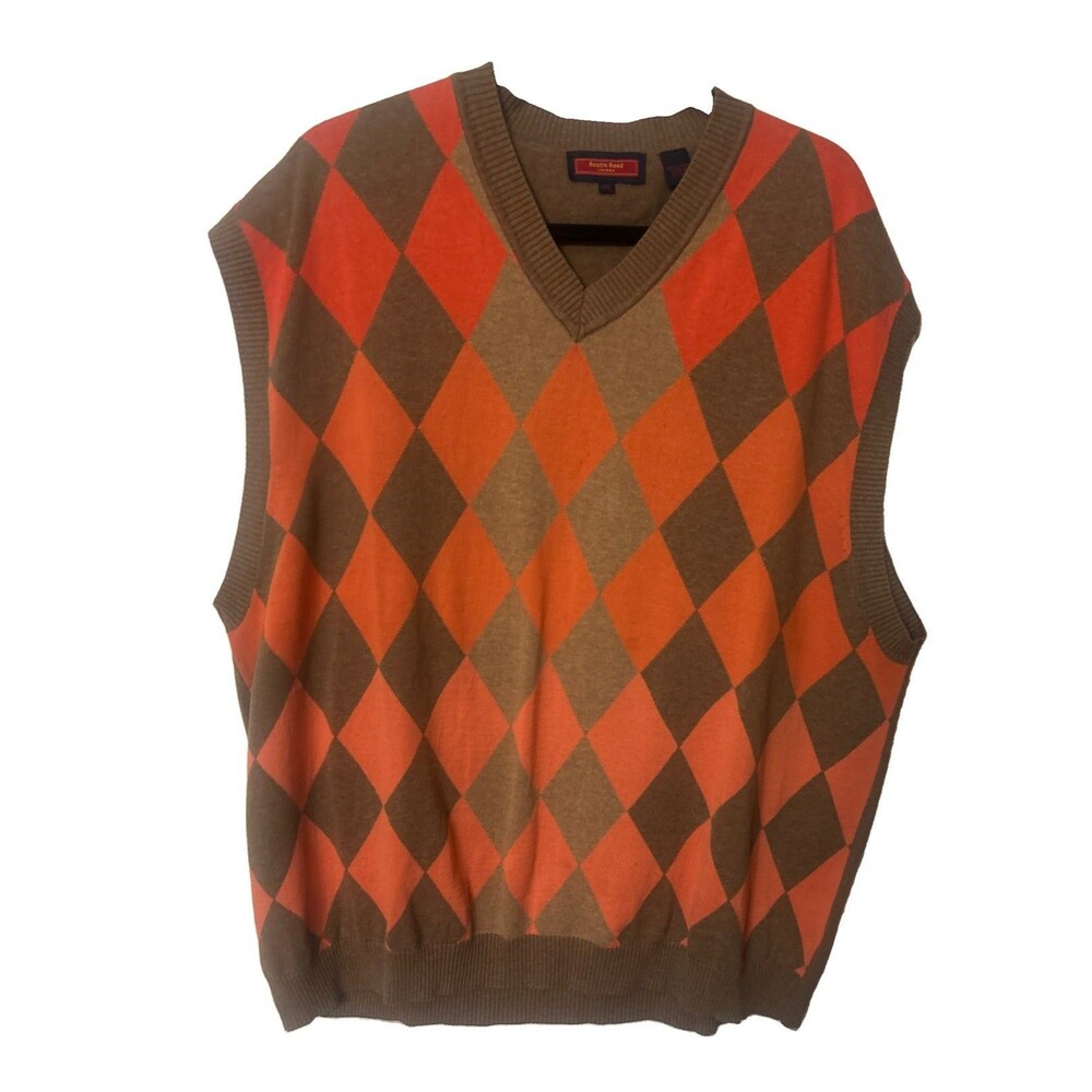 Austin Reed London Men's XXL Argyle  Orange Tan Golf Vest Cotton V Neck